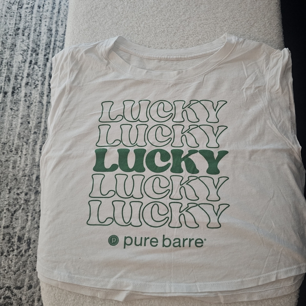 Pure Barre White Tee with Green Lucky Graphic
